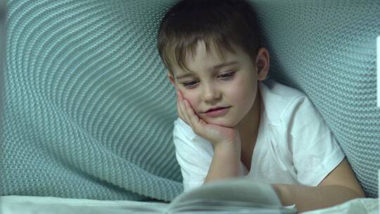 男孩在毯子下看书