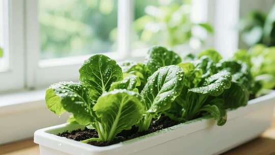 窗边盆栽青菜特写素材