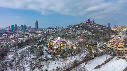 青岛城市风光雪景鸟瞰