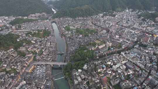 湖南湘西凤凰古城晚霞夜幕降临航拍