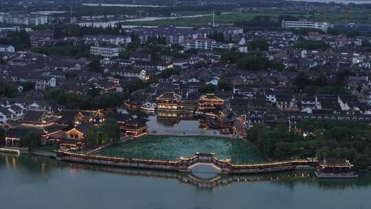 江南水乡古镇锦溪夜景（航拍素材）