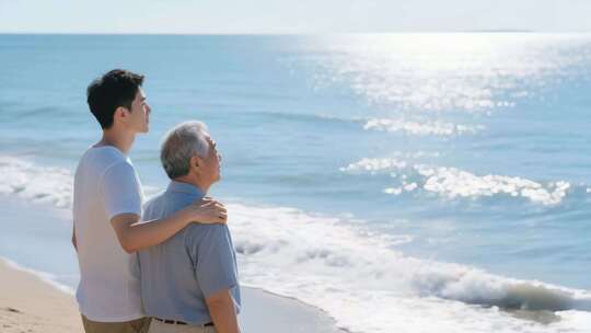 海边年轻人与老人温馨相伴