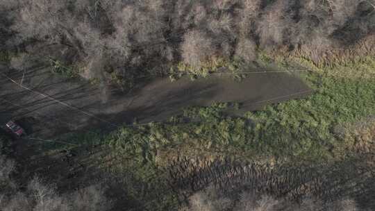 森林中泥泞道路上的车辆俯视图