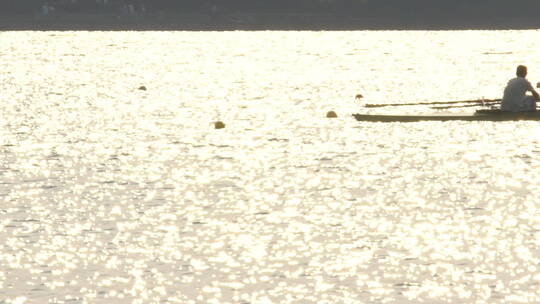 旅游景区 航拍南京玄武湖阳光下划船 中景视频素材模板下载