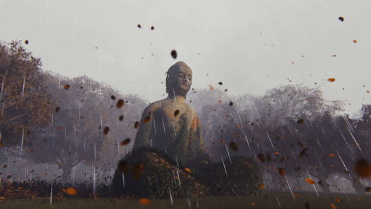 下雨天一尊佛的雕像前树叶落下视频素材模板下载