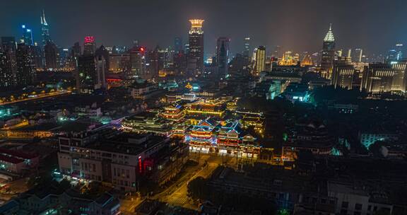 上海豫园夜景延时航拍