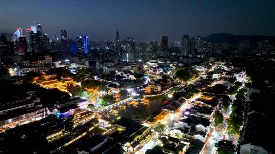 南京夫子庙秦淮河的夜景航拍风光