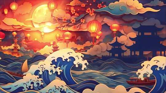 4K古风中式月夜海浪风景素材