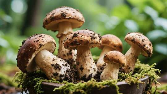 盆栽中的新鲜蘑菇特写