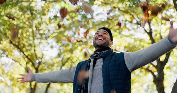 快乐，树叶和一个人在秋天的自然，自由和庆