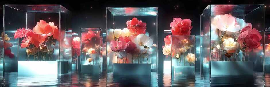 玻璃盒中多彩鲜花展示