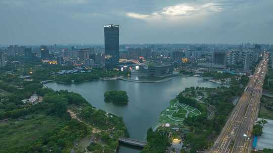 上海保利大剧院远香湖嘉定新城夜景航拍延时