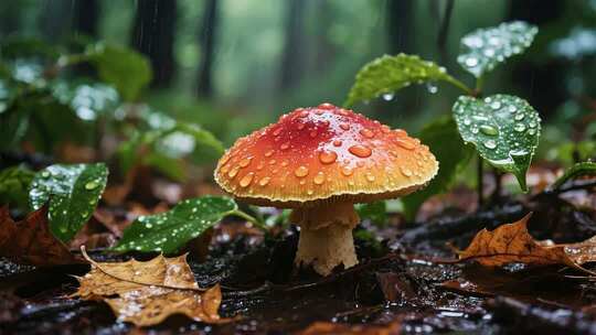 森林蘑菇生长雨后湿润场景