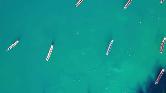云南丽江泸沽湖猪槽船游船正上方航拍视角