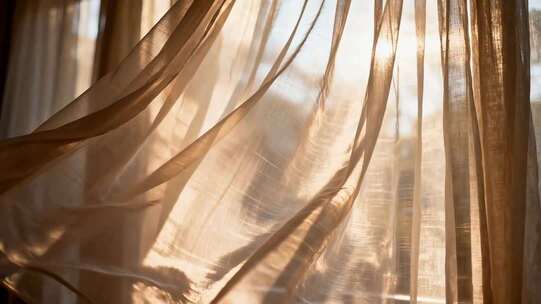 阳光透过飘动的窗帘