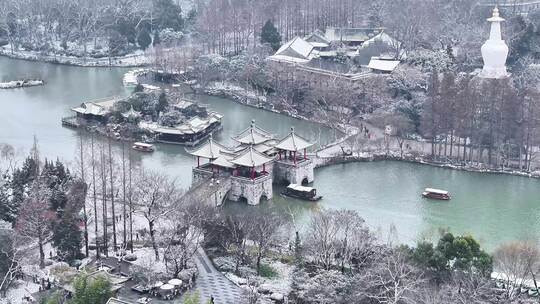 航拍扬州瘦西湖大明寺观音山宋夹城园林雪景