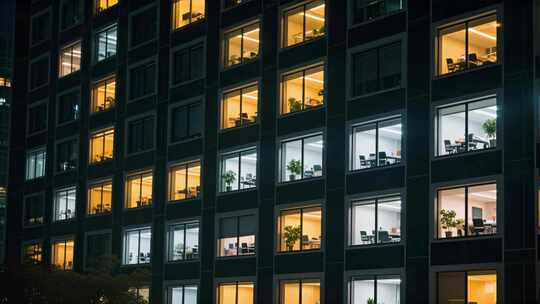 办公室窗户夜晚加班现代商务工作场景