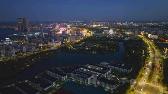 建设中的上海临港新城建筑夜晚航拍