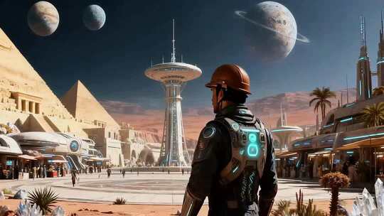 宇航员眺望未来外星城市景象