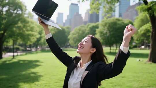 女商人户外举笔记本电脑庆祝