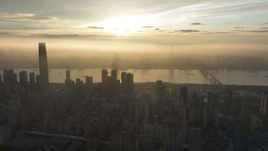 武汉天地航拍晚霞火烧云徐东长江绿地壹方