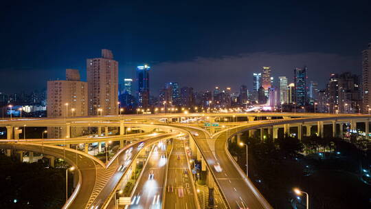 上海延安路高架望向静安区夜景航拍延时