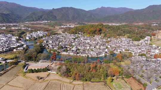 航拍江南水乡安徽宏村徽州徽派建筑