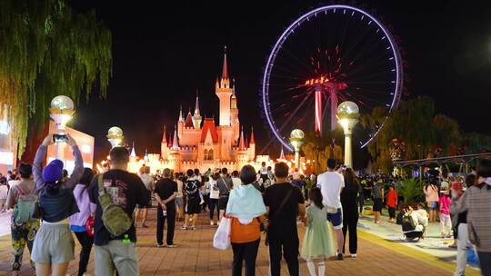 北京石景山游乐园夜景人群游客加速