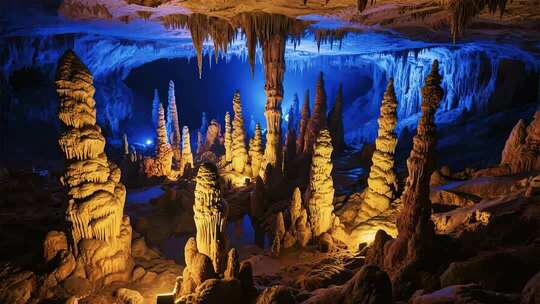 梦幻蓝紫色灯光的迷人溶洞