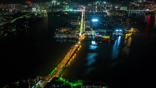 航拍鄂州城区夜景全景平流雾延时