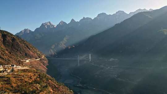 高山峡谷间的金沙江大桥壮观景象