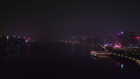 钱塘江江边夜景航拍
