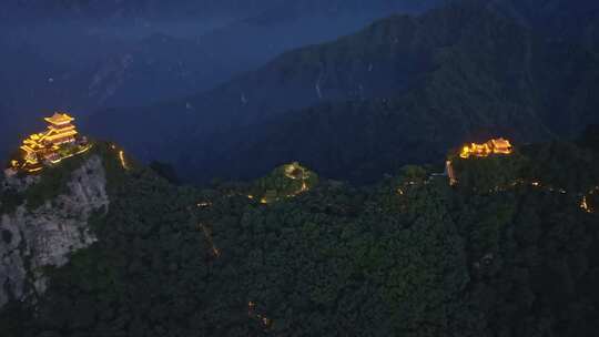 航拍秦岭山南五台寺庙日落夜景灯光