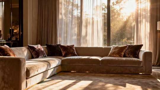现代客厅沙发及阳光透过窗帘场景