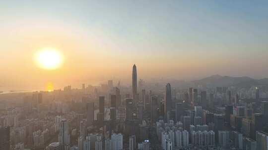 深圳福田区市中心航拍平安大厦夕阳黄昏日落