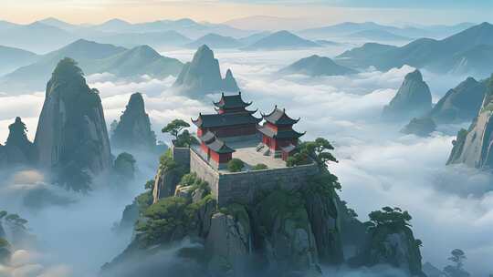 黄山古寺云海夏至奇景航拍自然风光