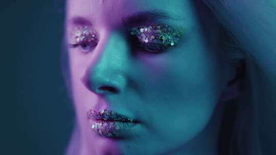 特写是一个美丽的金发女孩在霓虹灯工作室一