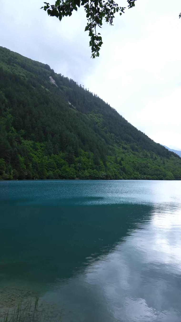 九寨沟森林旁的蓝色湖泊