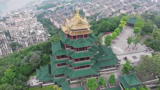 重庆鸿恩寺航拍鸿恩阁与嘉陵江两岸高楼大厦