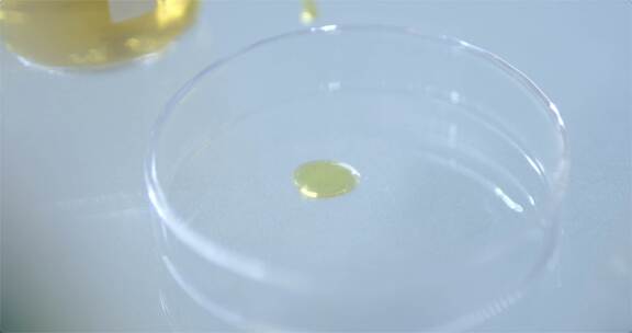 溶液滴入到实验室培养皿中的特写镜头
