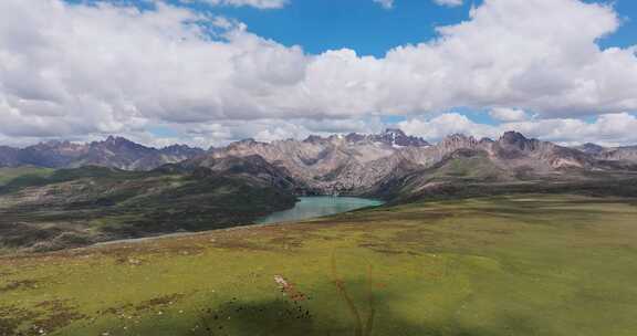 川西巴塘姊妹湖雪山草原湖泊航拍风光