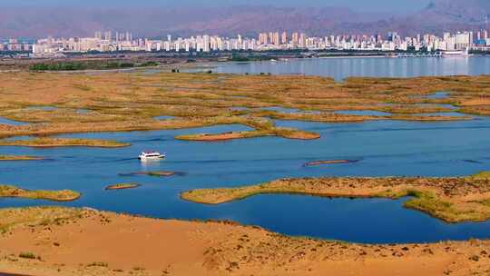 航拍乌海市乌海湖沙漠沙丘视频素材模板下载