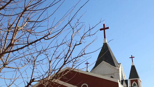 冬日树枝映衬下教会西式建筑基督教建筑风格视频素材模板下载