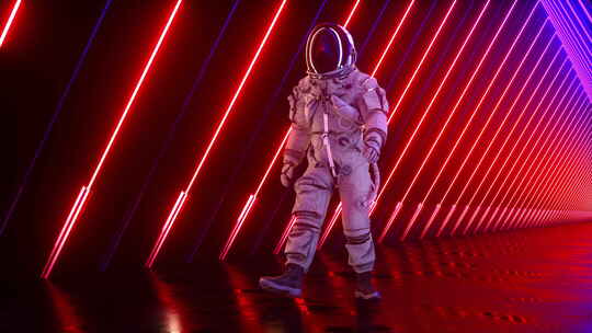 科幻霓虹灯线和宇航员步行环