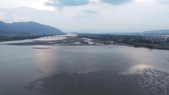 航拍闽江河口湿地小岛果园茉莉花田沙洲河汊