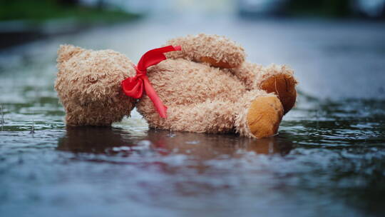 被遗弃的小熊躺在雨中