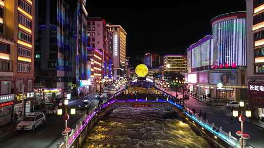 无人机航拍四川甘孜康定市城市夜景风光