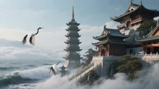 古风建筑与飞鹤景观素材