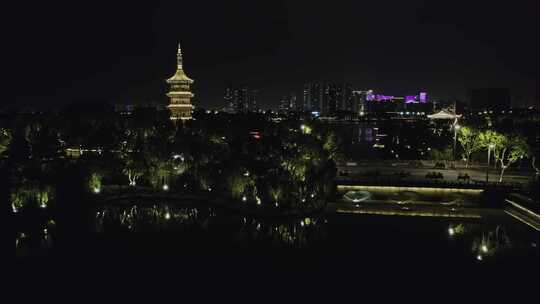 航拍平湖报本禅寺报本塔夜景风光