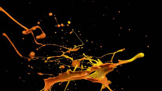 橙色黄色液体颜料泼洒碰撞飞溅